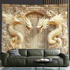 Tapisserie Murale 3D Dragons Dorés - Décoration Asiatique Luxueuse