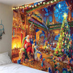 Tapisserie Murale Noël - Père Noël en Traineau & Rennes au-dessus de la Ville Enneigée