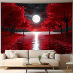 Tapisserie Murale Forêt Rouge & Lune - Paysage Nocturne Mystique