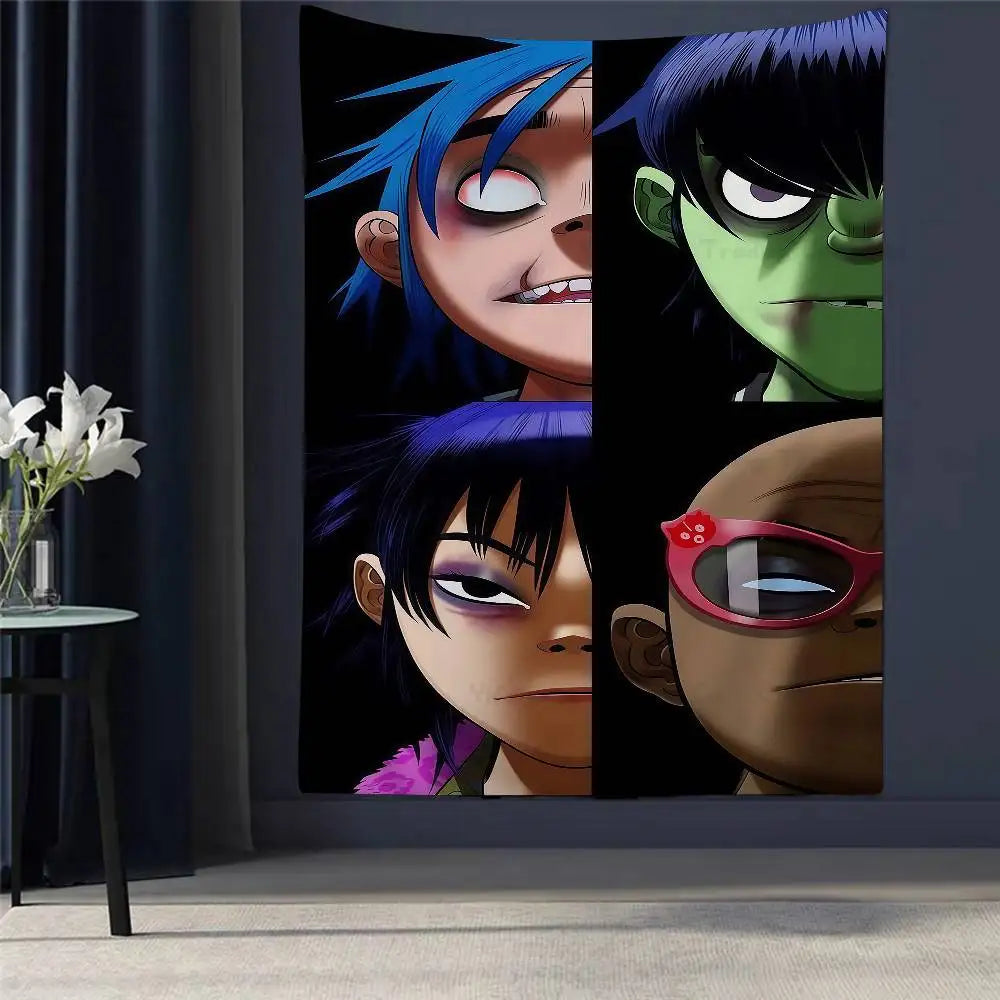 Tapisserie Murale Style Gorillaz - Tenture Art Cartoon Urbain, Décoration Murale Moderne