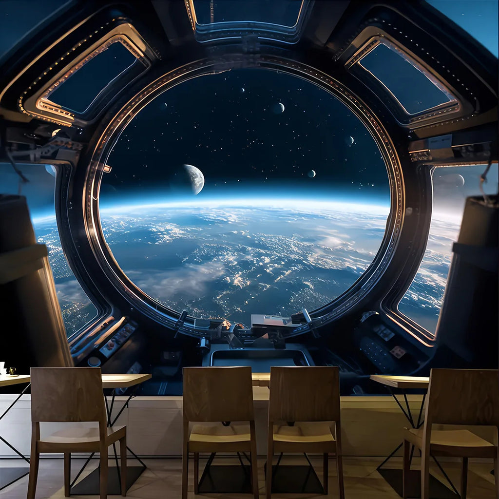 Tapisserie Hublot Spatial - Vue de la Terre depuis l'Espace, Décoration Sci-Fi