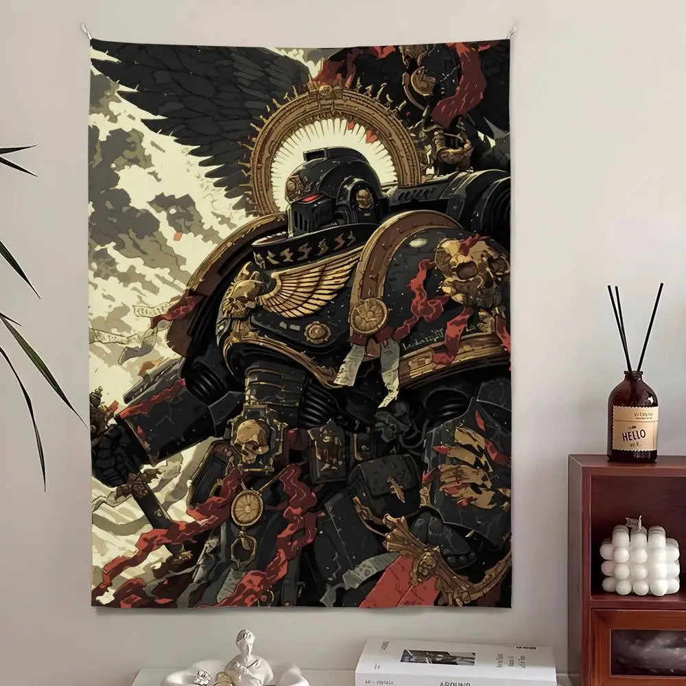 Tapisserie Murale Guerrier Ailé & Armure Sacrée - Art Fantasy Gothique