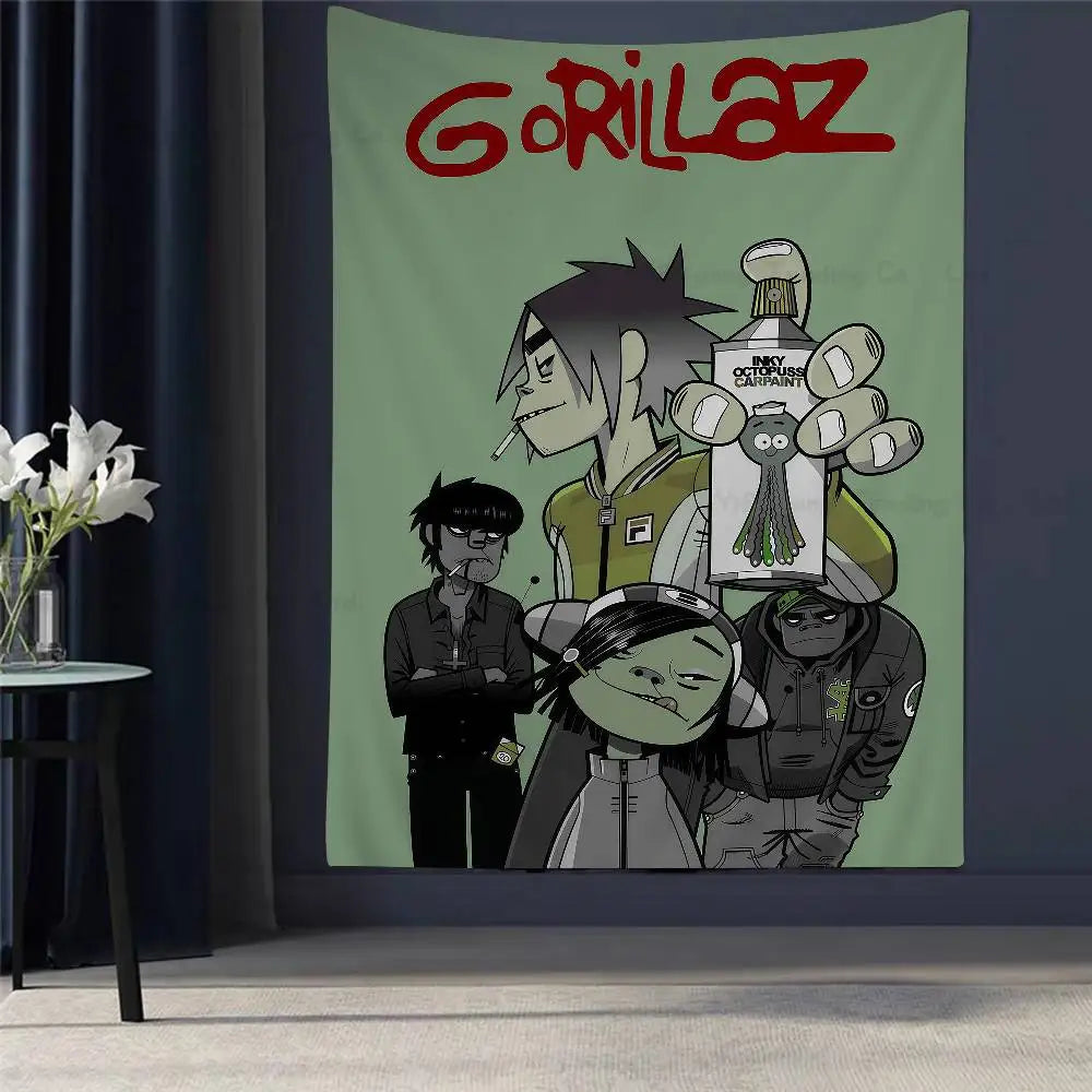 Tapisserie Murale Style Gorillaz - Tenture Art Cartoon Urbain, Décoration Murale Moderne