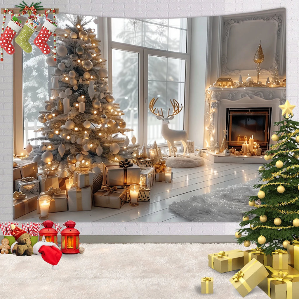 Tapisserie Murale de Noël - Sapin, Bougies & Cadeaux - Décoration Festive Cosy