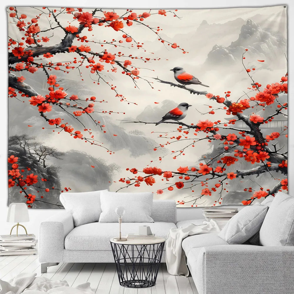 Tapisserie Japonaise Sakura - Montagnes & Fleurs de Cerisiers - Décoration Zen