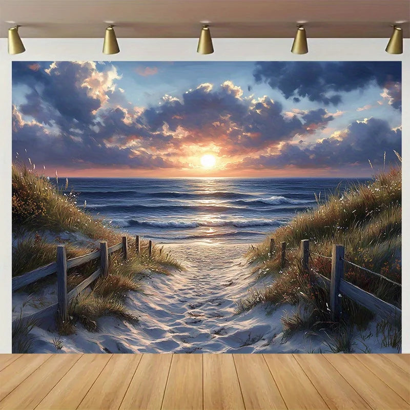 Tapisserie Murale Plage au Coucher du Soleil - Chemin de Sable & Océan
