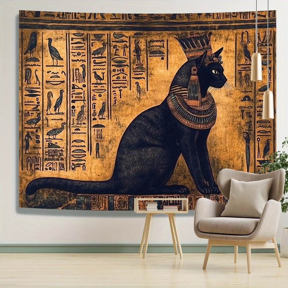 Tapisserie Murale Chat Egyptien - Art de l'Egypte Antique & Hiéroglyphes Dorés
