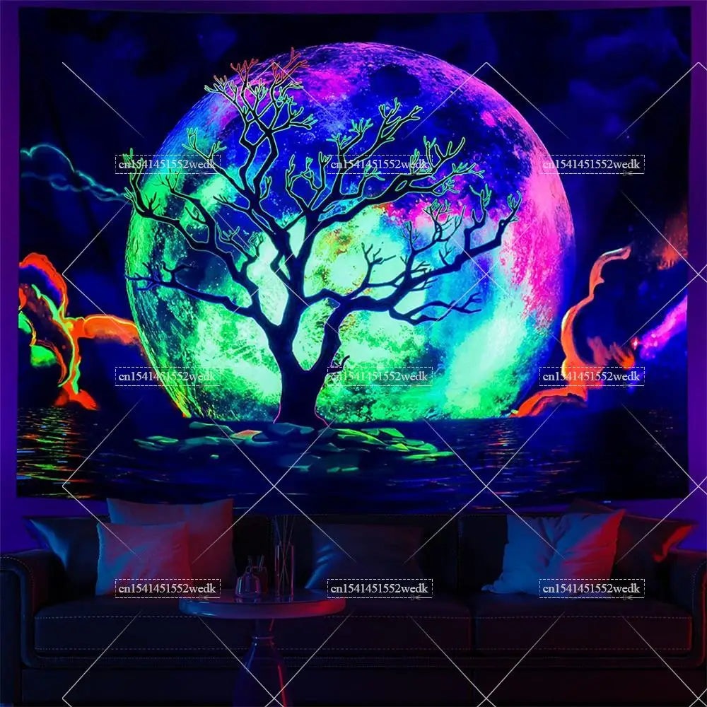 Tapisserie Murale Cosmos Néon - Planète à Anneaux & Paysage Futuriste