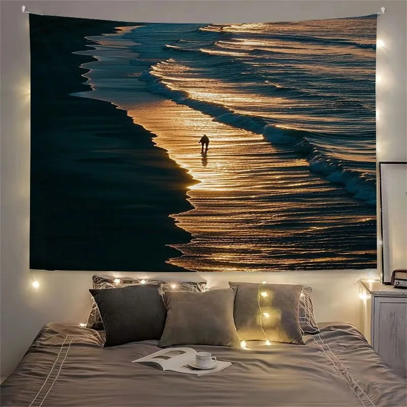 Tapisserie Murale Plage Noir & Or - Déco Murale Coucher du Soleil