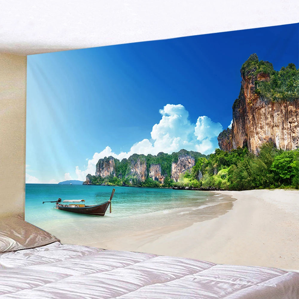 Tapisserie Murale Vue Méditerranéenne - Terrasse Fleurie & Village au Bord de l'Eau