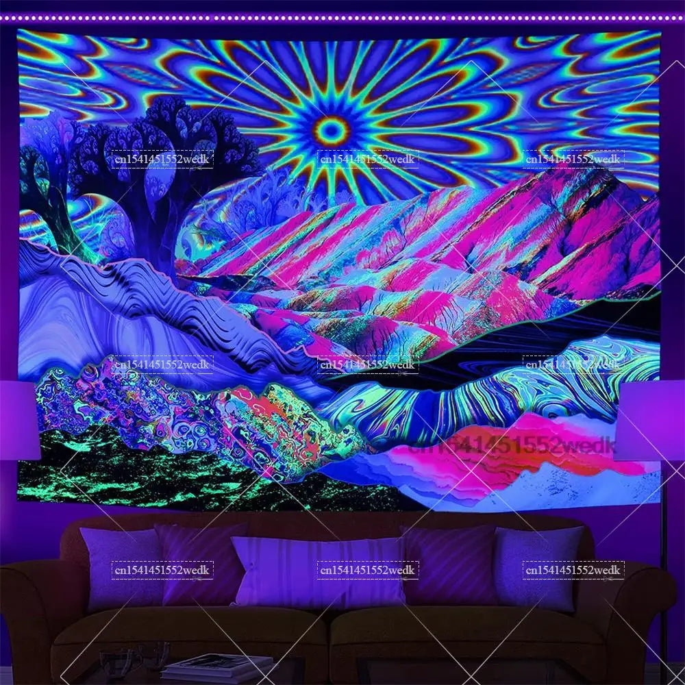 Tapisserie Murale Cosmos Néon - Planète à Anneaux & Paysage Futuriste