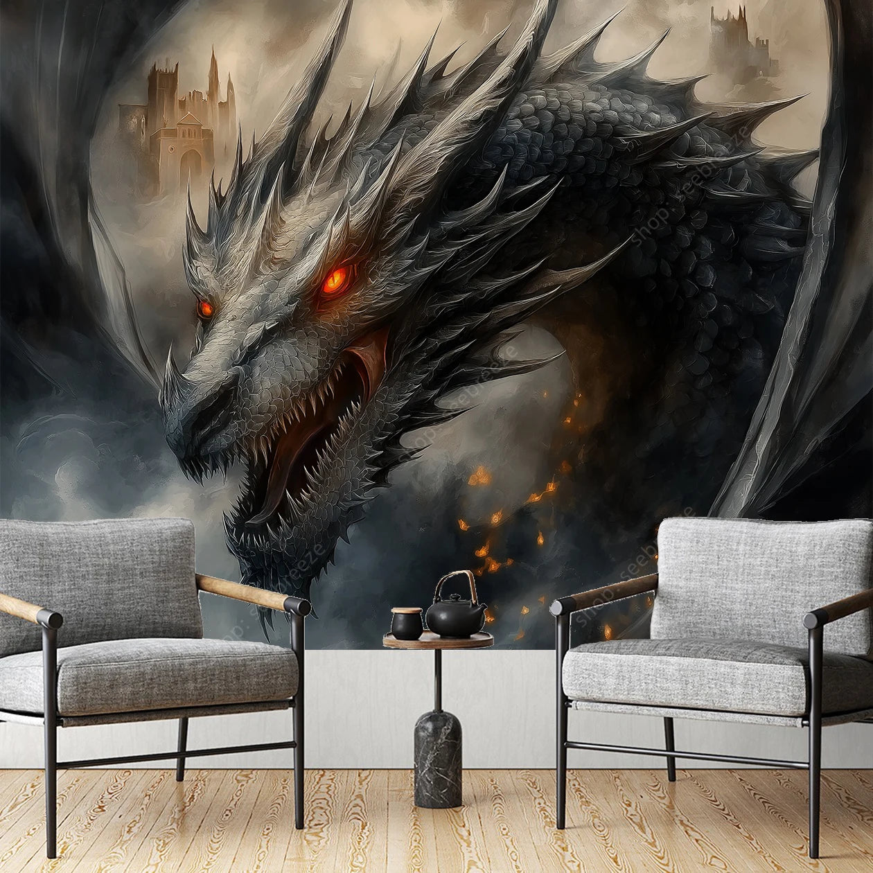 Tapisserie Murale Dragon Noir - Créature Fantastique & Décor Dark Fantasy