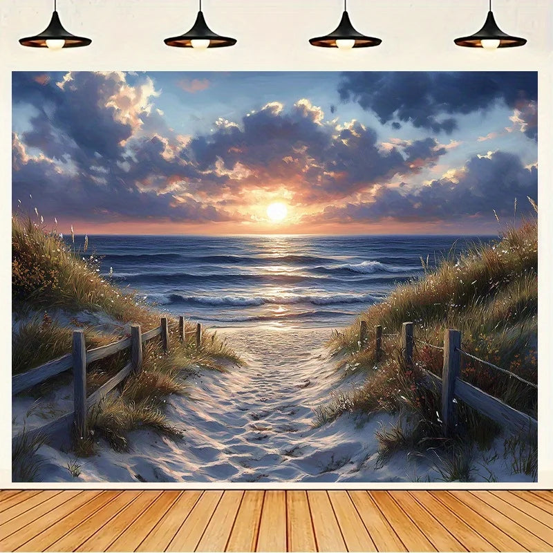 Tapisserie Murale Plage au Coucher du Soleil - Chemin de Sable & Océan