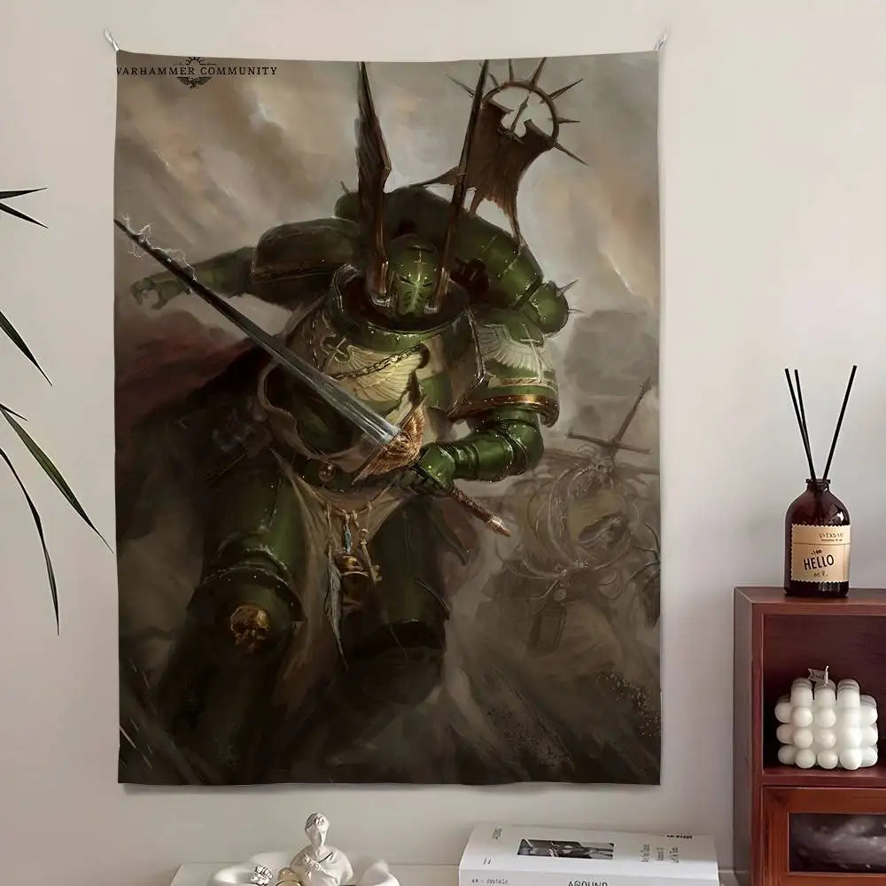 Tapisserie Murale Guerrier Ailé & Armure Sacrée - Art Fantasy Gothique