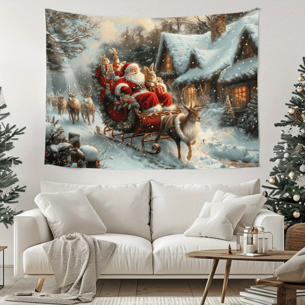 Tapisserie Murale de Noël - Père Noël & Maisons Enneigées