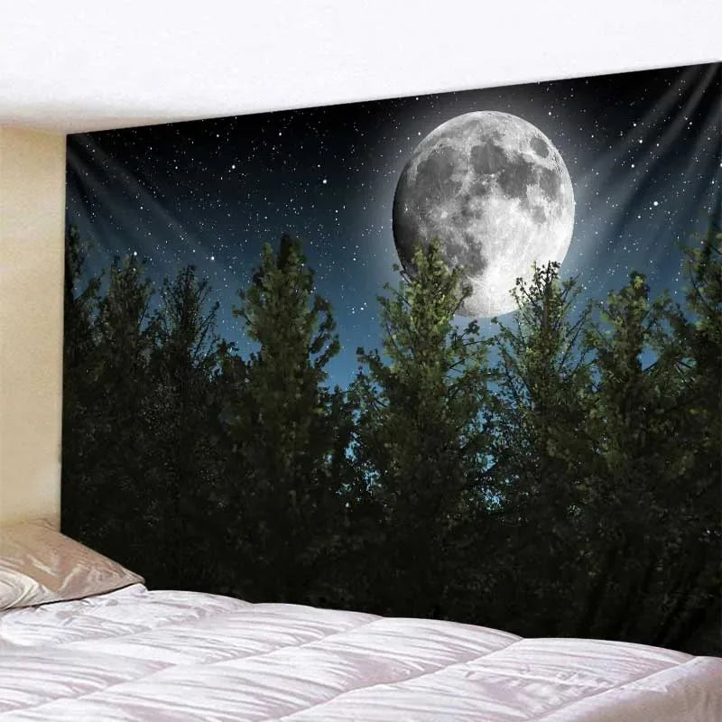 Tapisserie Murale Lune & Forêt Nocturne - Décoration Murale Mystique