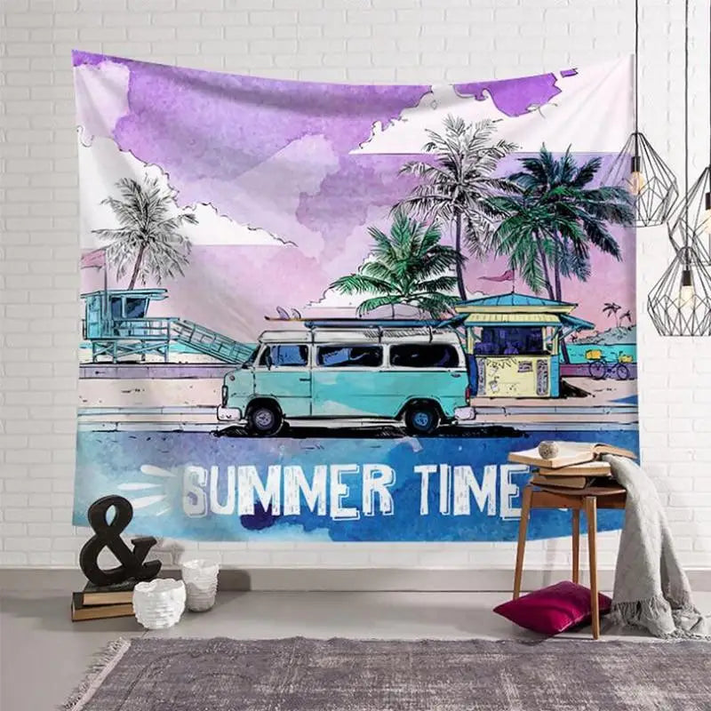 Tapisserie Murale Summer Time - Van Surf & Plage Tropicale
