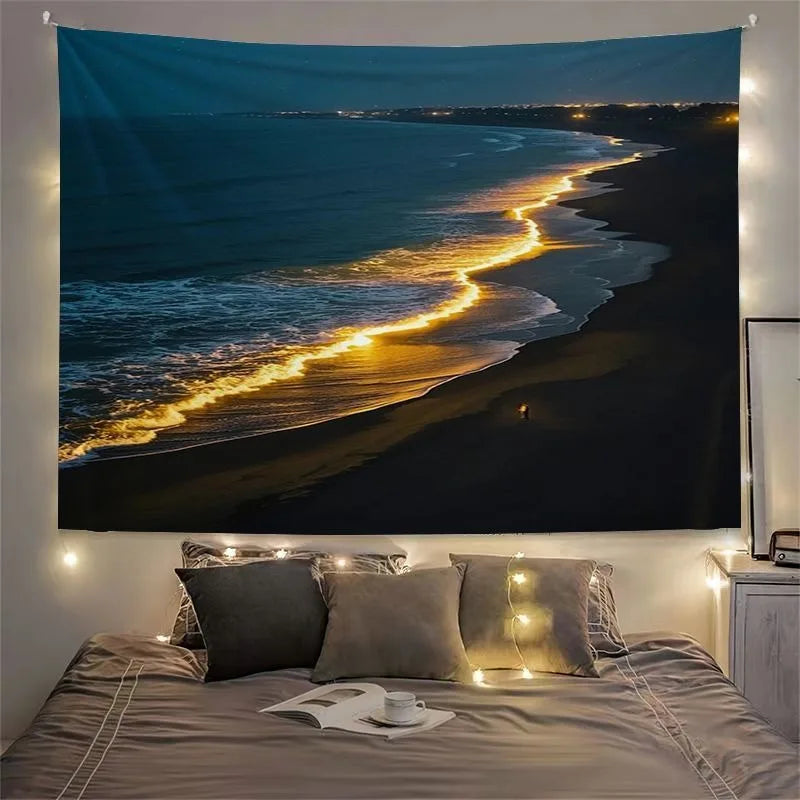 Tapisserie Murale Plage Noir & Or - Déco Murale Coucher du Soleil