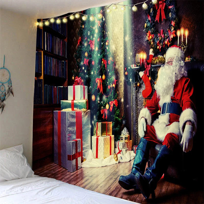 Tapisserie Murale Noël - Père Noël en Traineau & Rennes au-dessus de la Ville Enneigée