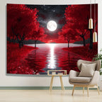 Tapisserie Murale Forêt Rouge & Lune - Paysage Nocturne Mystique