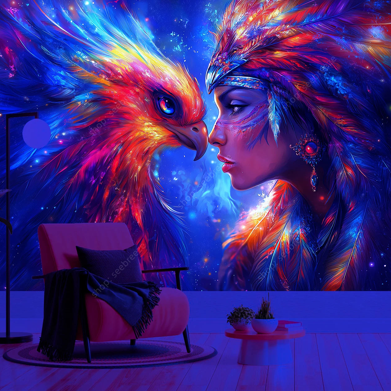 Tapisserie Murale Femme & Oiseau Mythique - Tenture Fantasy Galactique, Décoration Murale Néon