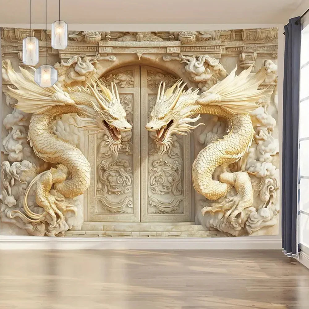 Tapisserie Murale 3D Dragons Dorés - Décoration Asiatique Luxueuse