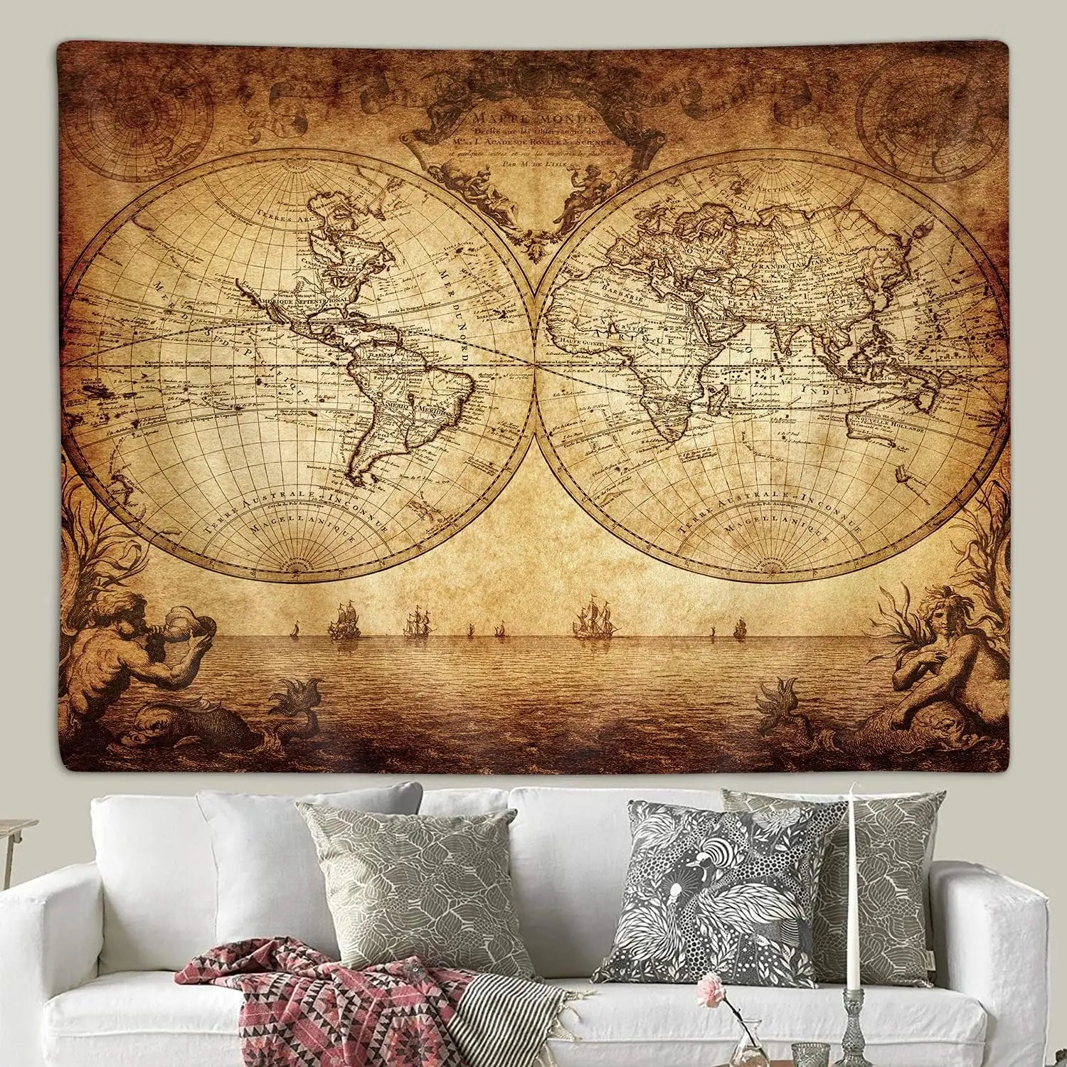 Tapisserie Carte Maritime Vintage - Voilier Ancien & Carte du Monde