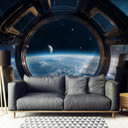 Tapisserie Hublot Spatial - Vue de la Terre depuis l'Espace, Décoration Sci-Fi