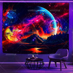 Tapisserie Murale Cosmos Néon - Planète à Anneaux & Paysage Futuriste