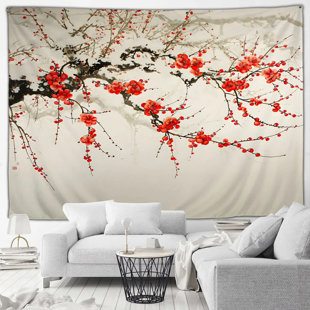 Tapisserie Japonaise Sakura - Montagnes & Fleurs de Cerisiers - Décoration Zen