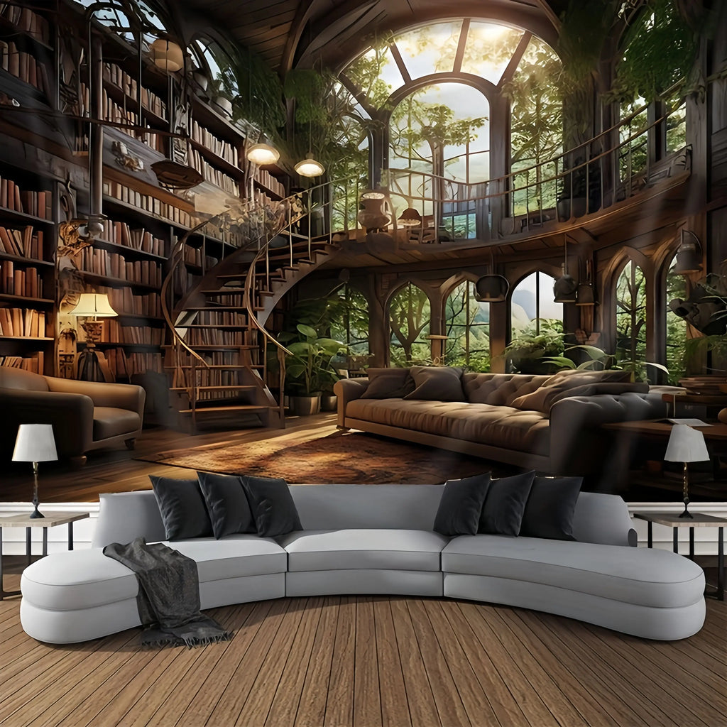 Tapisserie Murale Bibliothèque Magique - Grande Salle en Bois & Escalier en Colimaçon