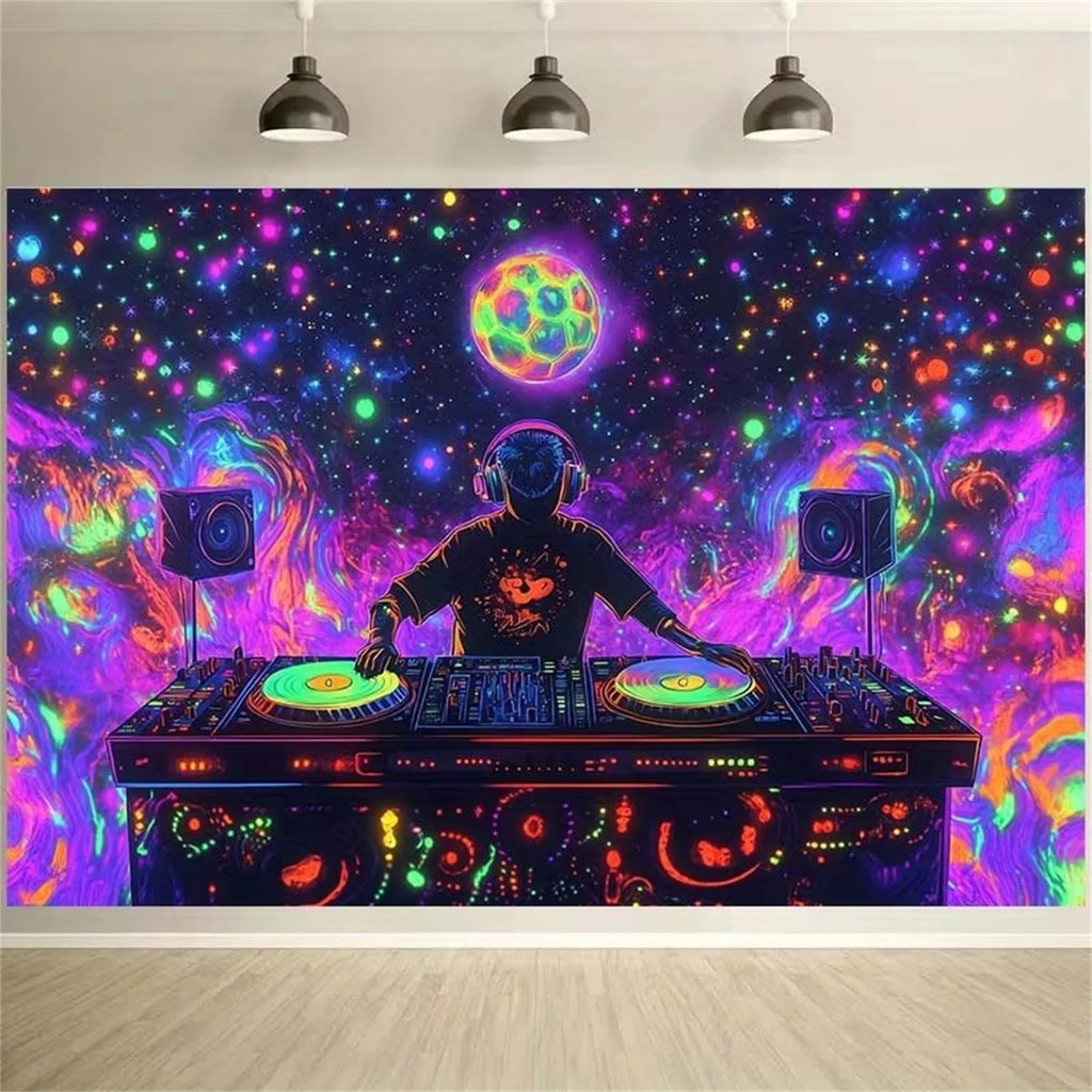 Tapisserie Murale DJ Néon - Galaxie Psychédélique - Décoration Ambiance