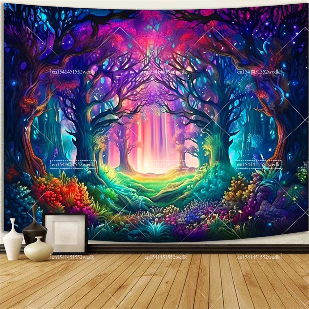 Tapisserie Murale Forêt Magique Néon - Paysage Psychédélique & Couleurs Lumineuses