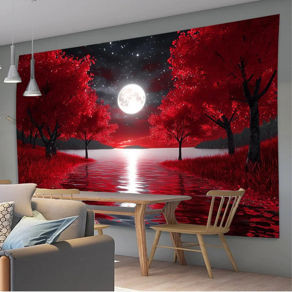 Tapisserie Murale Forêt Rouge & Lune - Paysage Nocturne Mystique