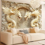 Tapisserie Murale 3D Dragons Dorés - Décoration Asiatique Luxueuse