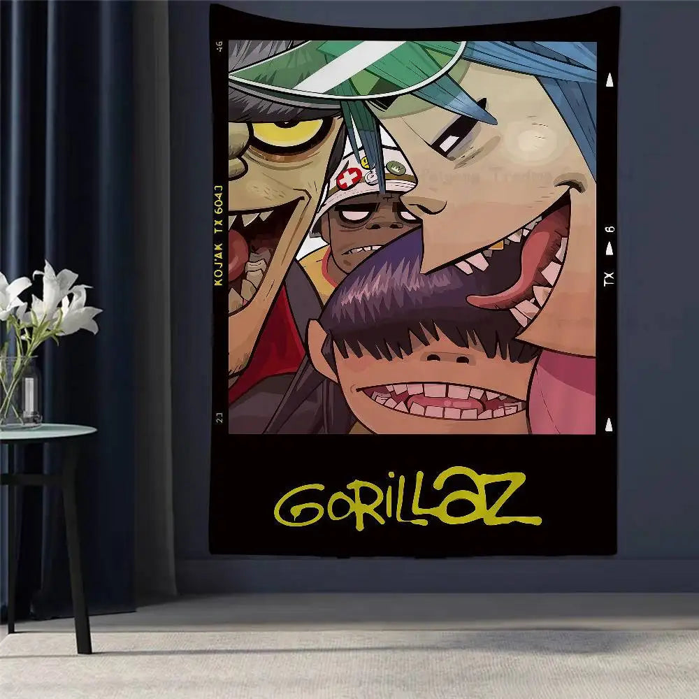 Tapisserie Murale Style Gorillaz - Tenture Art Cartoon Urbain, Décoration Murale Moderne