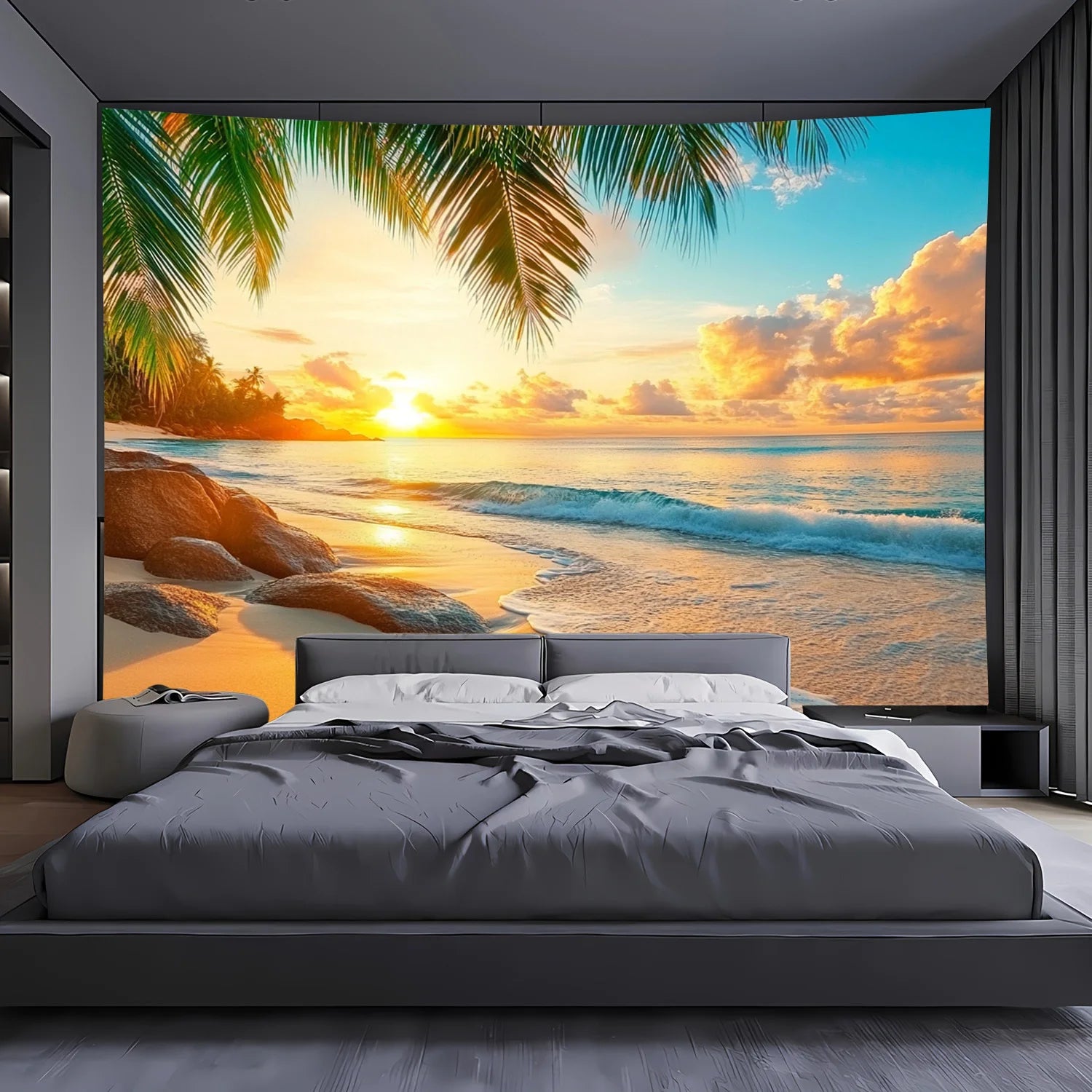 Tapisserie Murale Plage Tropicale au Coucher du Soleil - Décoration Paradisiaque