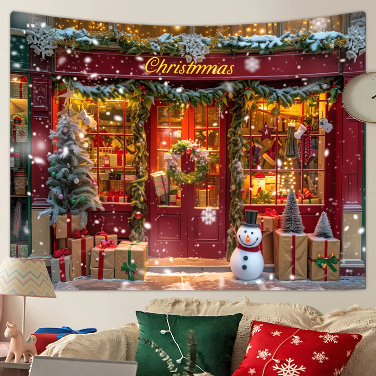 Tapisserie Murale de Noël - Sapin, Bougies & Cadeaux - Décoration Festive Cosy