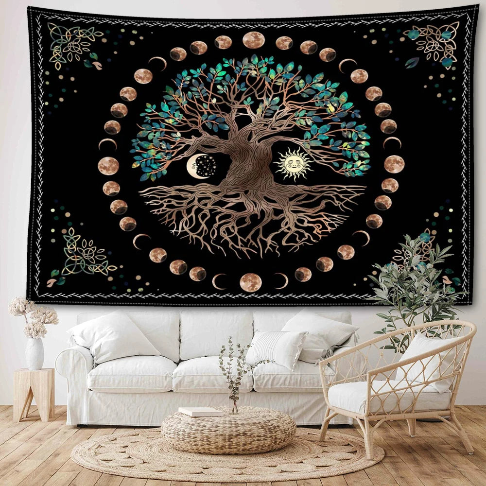 Tapisserie Murale Arbre de Vie - Tenture Bohème Mystique, Décoration Murale Spirituelle Soleil & Lune