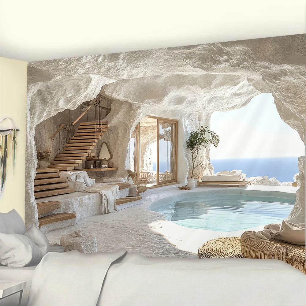 Tapisserie Murale Grotte Méditerranéenne - Piscine & Vue Mer - Trompe-l'Oeil Luxueux