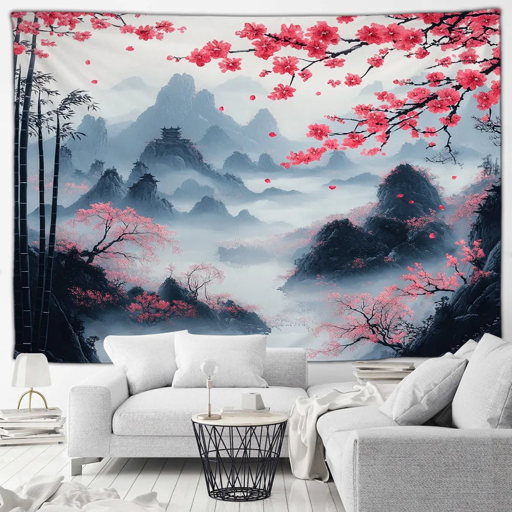Tapisserie Japonaise Sakura - Montagnes & Fleurs de Cerisiers - Décoration Zen