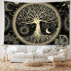 Tapisserie Murale Arbre de Vie - Tenture Bohème Mystique, Décoration Murale Spirituelle Soleil & Lune