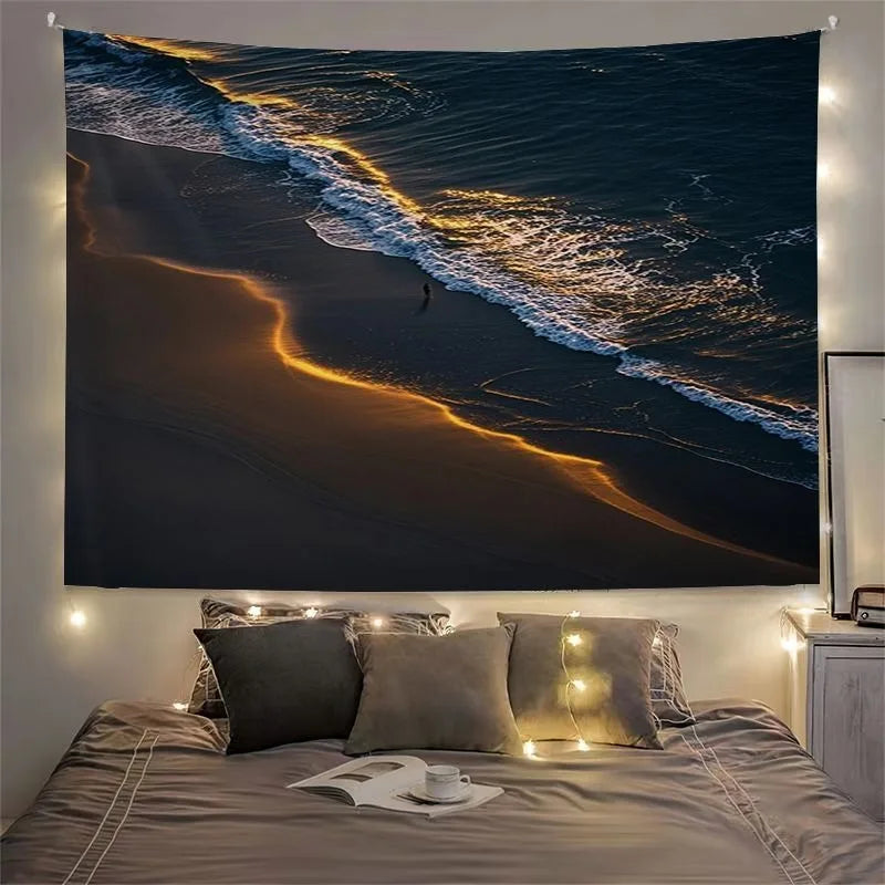 Tapisserie Murale Plage Noir & Or - Déco Murale Coucher du Soleil