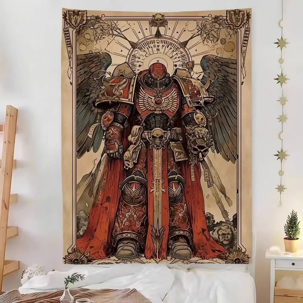 Tapisserie Murale Guerrier Ailé & Armure Sacrée - Art Fantasy Gothique