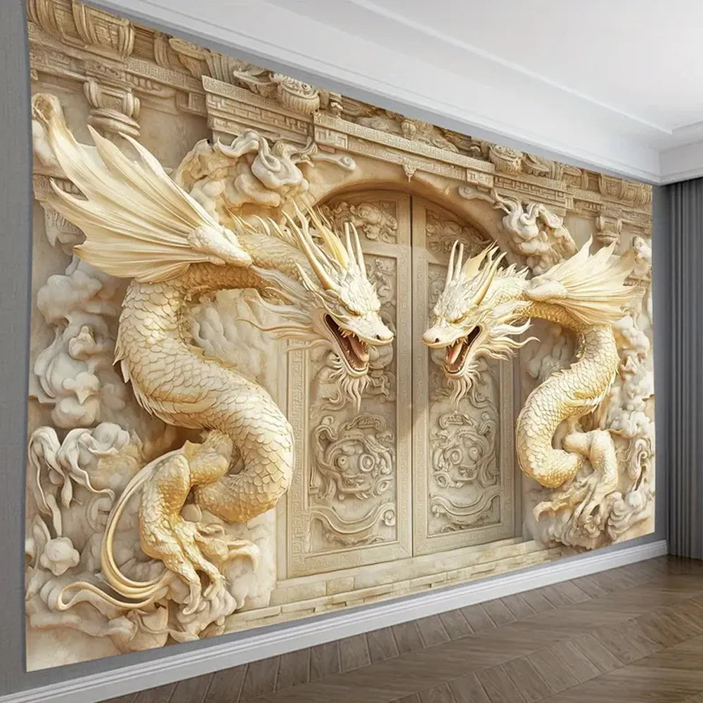 Tapisserie Murale 3D Dragons Dorés - Décoration Asiatique Luxueuse