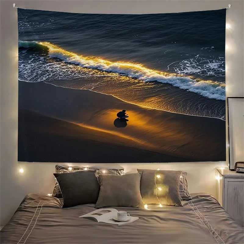 Tapisserie Murale Plage Noir & Or - Déco Murale Coucher du Soleil