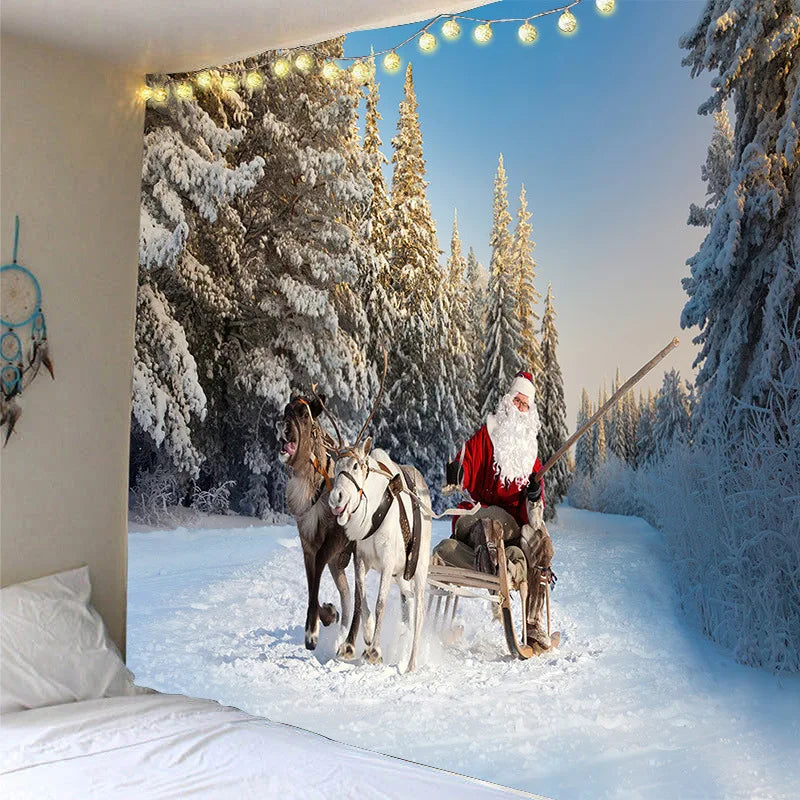 Tapisserie Murale Noël - Père Noël en Traineau & Rennes au-dessus de la Ville Enneigée