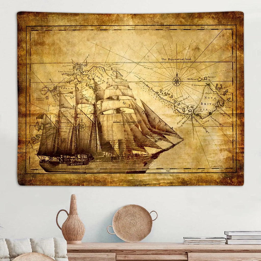Tapisserie Carte Maritime Vintage - Voilier Ancien & Carte du Monde