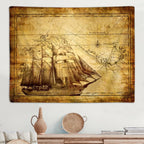 Tapisserie Carte Maritime Vintage - Voilier Ancien & Carte du Monde