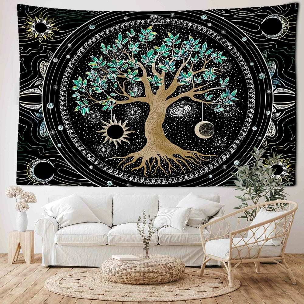 Tapisserie Murale Arbre de Vie - Tenture Bohème Mystique, Décoration Murale Spirituelle Soleil & Lune